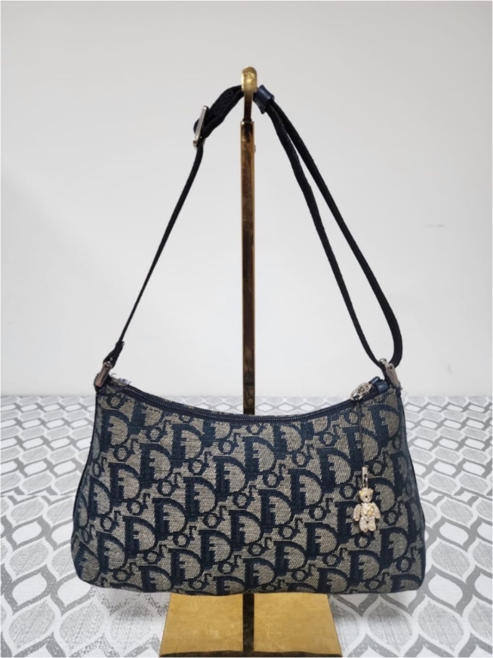 Authentic CHRISTIAN DIOR Denim Logo Pochette Bag Black/Beige